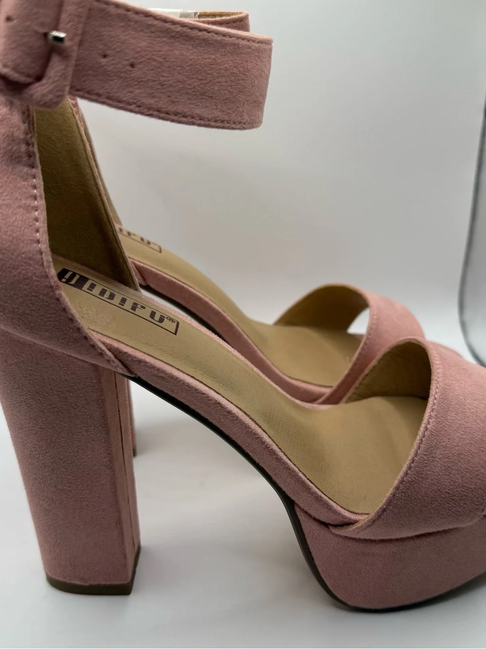 Suede-Look Pink Platform Block Heel Sandals with Ankle Strap